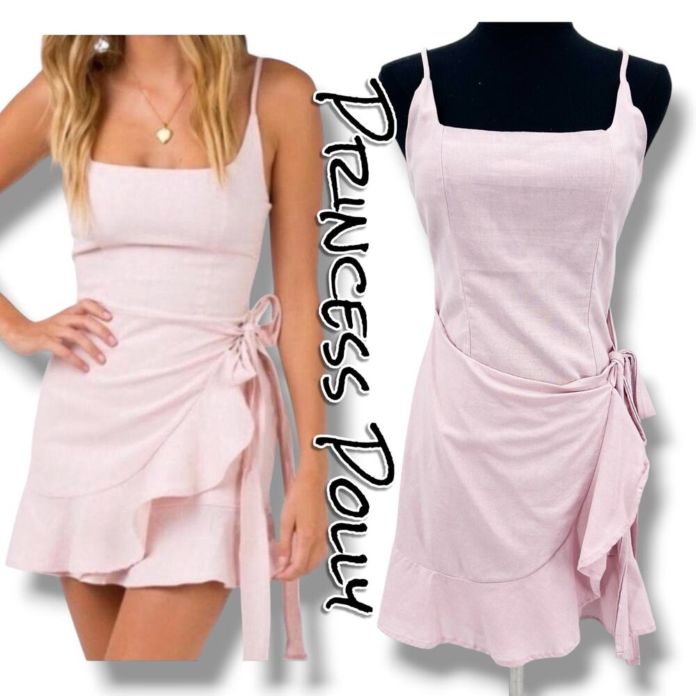 Princess Polly Cottage Hill Wrap Mini Dress Blush Pink Square Neck Linen Blend 4
